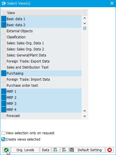 Selecting the SAP Material Master views