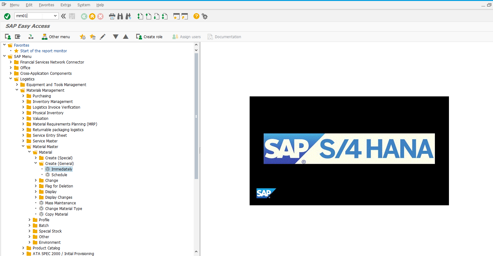 Entering MM01 SAP transaction in SAP HANA Easy Access